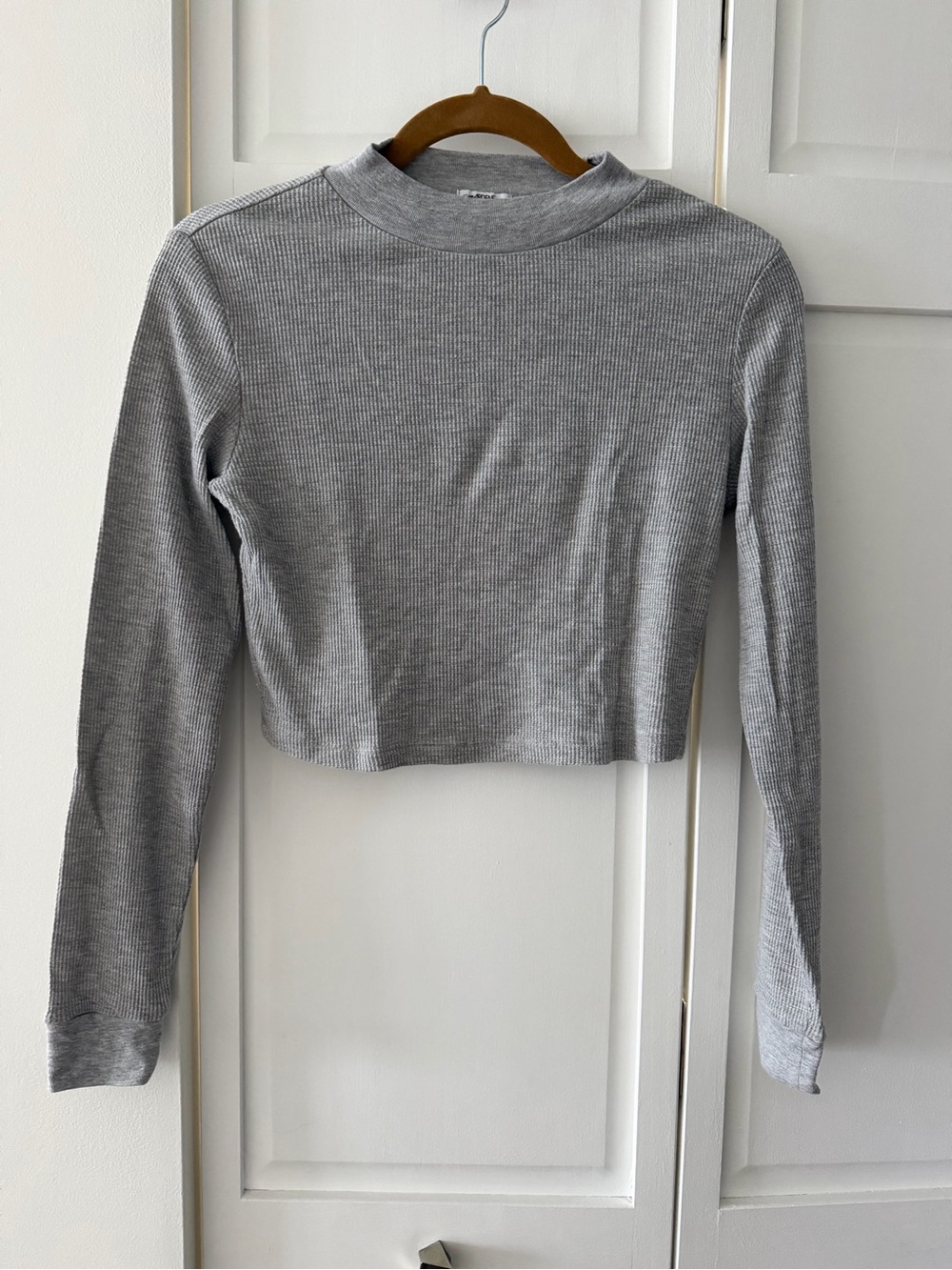 Ardene Heather Grey Waffle Knit Mock Neck Cropped Long Sleeve - Size M
